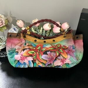 ANUSCHKA Hand Painted Leather “Lucious Lilies” Large Ruched Hobo Bag NEW w Tags
